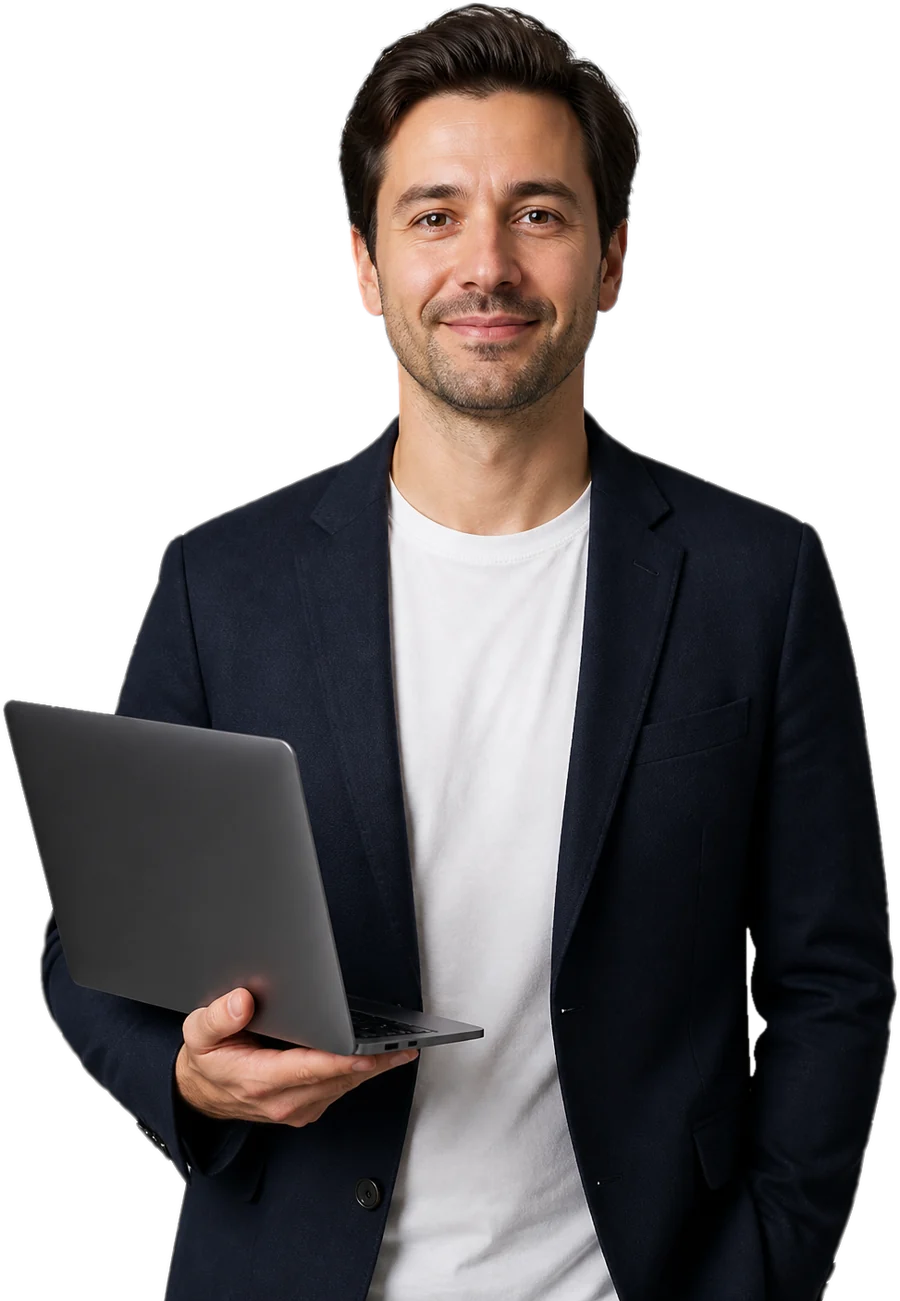 A startup founder holding a laptop