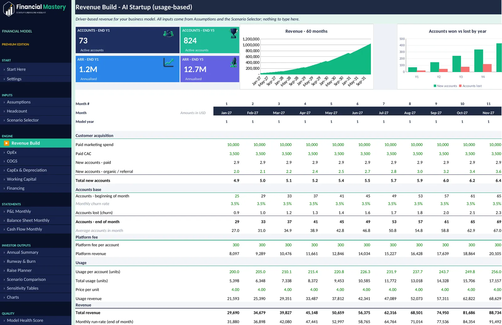AI Startup (usage-based) edition Revenue Build tab