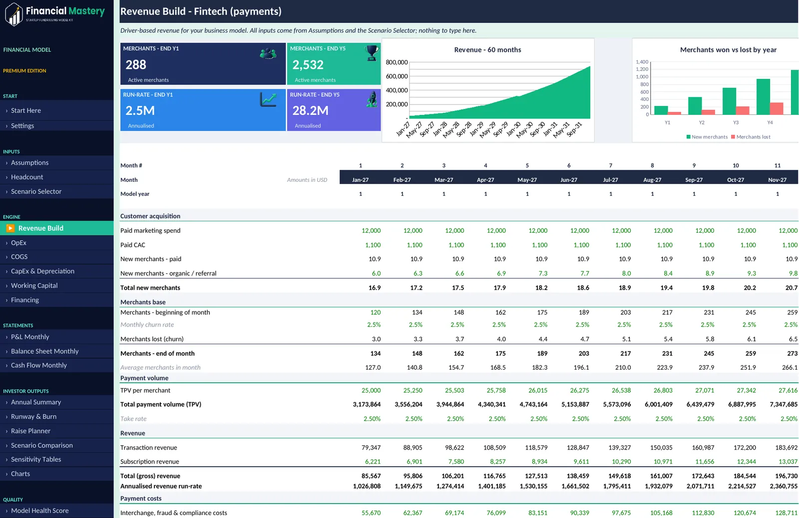 Fintech (payments) edition Revenue Build tab